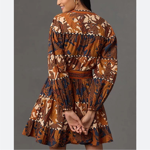 FARM Rio Long Sleeve Print Mini Dress with sash medium - Picture 15 of 16